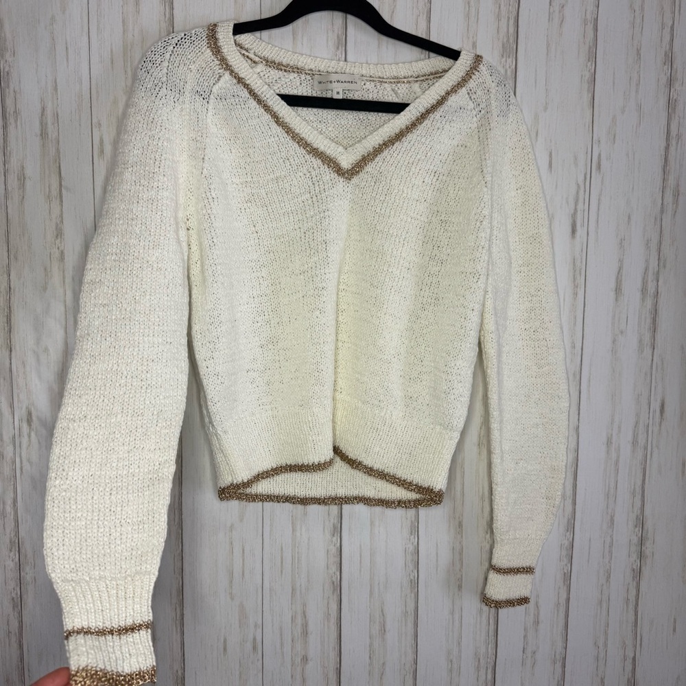 Revolve White + Warren Cream V-Neck Sweater with Gold Trim